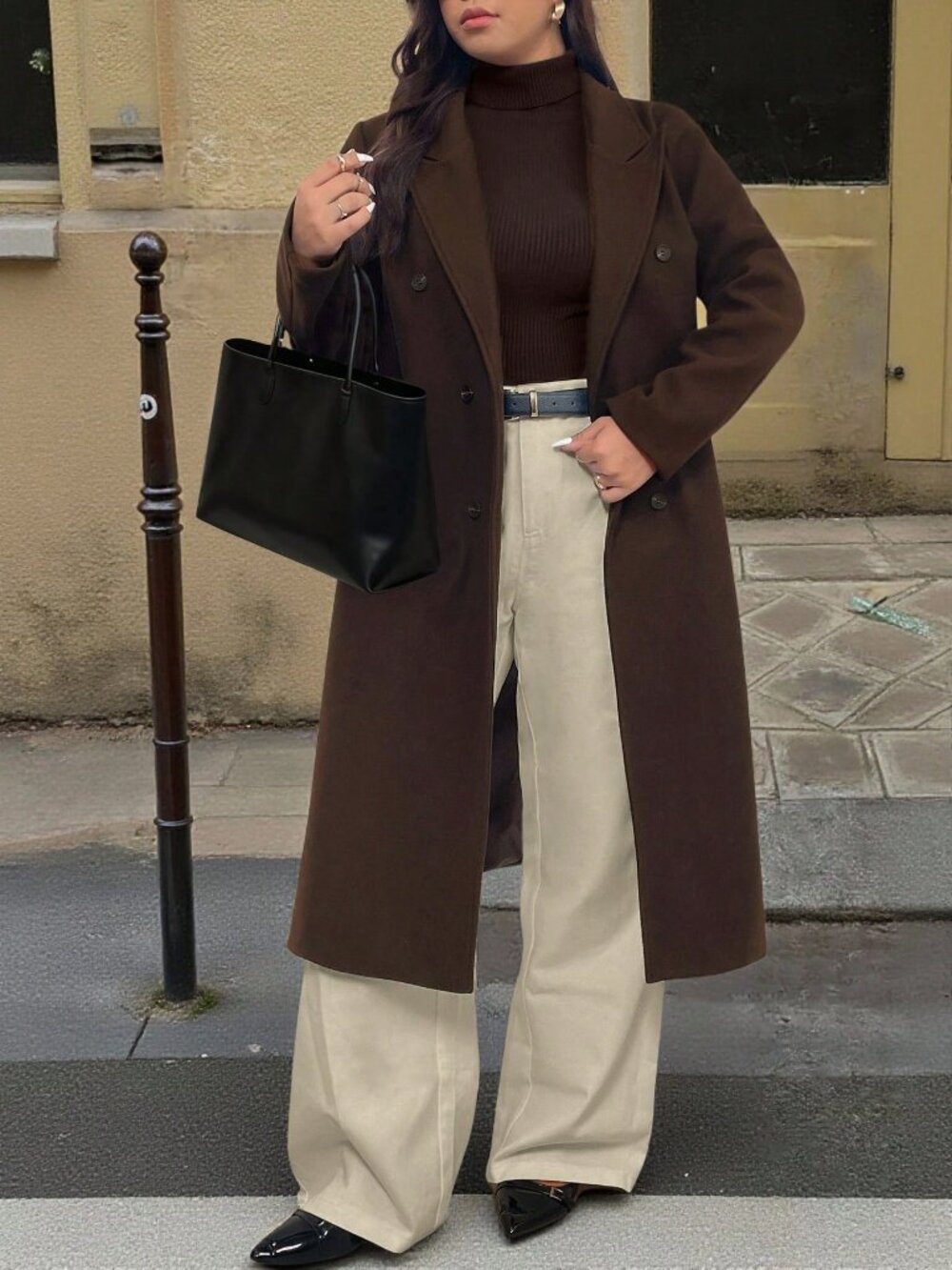 Coffee Brown Casual Women's Regular Fit Lapel Button Pocket Midi Long Jacket - Picture 4 of 6